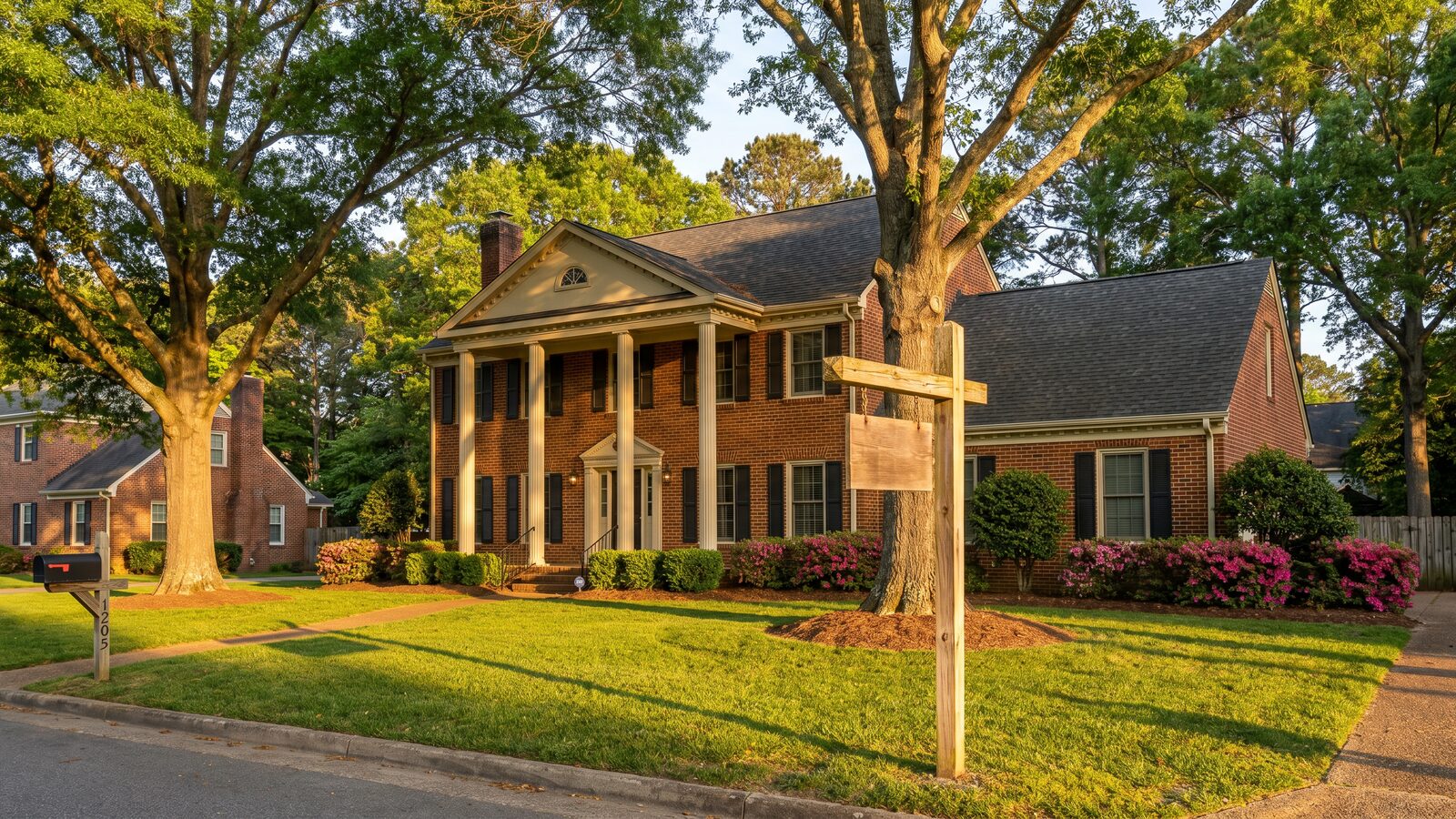 Stately brick colonial home in Hampton Roads with an auction sign post on the front lawn