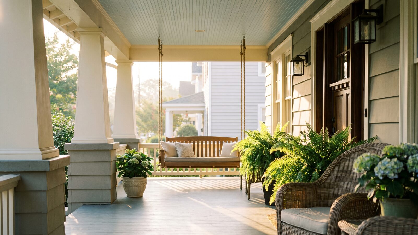 Sunlit front porch of a Hampton Roads craftsman-style home with a porch swing and ferns