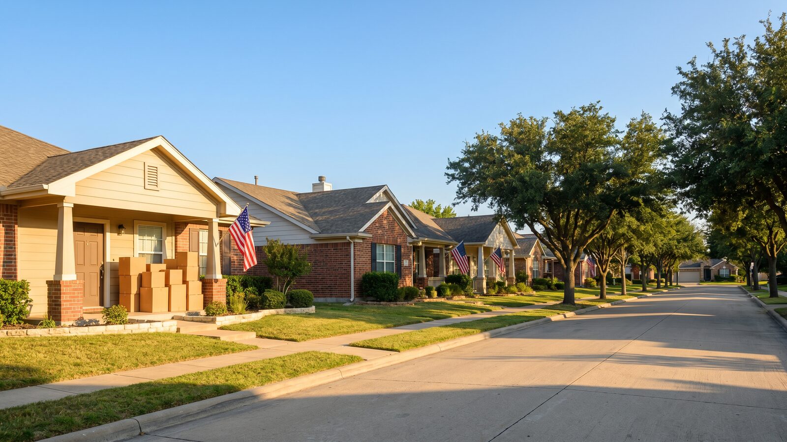 Quiet suburban street near a Hampton Roads naval base community with American flags and moving boxes